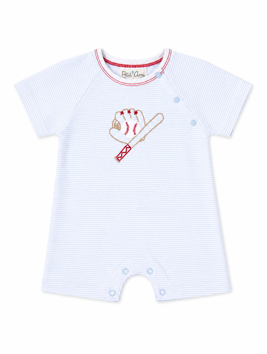 Baseball Embroidered Blue Stripe Knit Romper