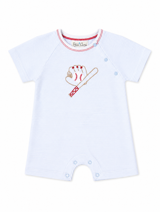 Baseball Embroidered Blue Stripe Knit Romper
