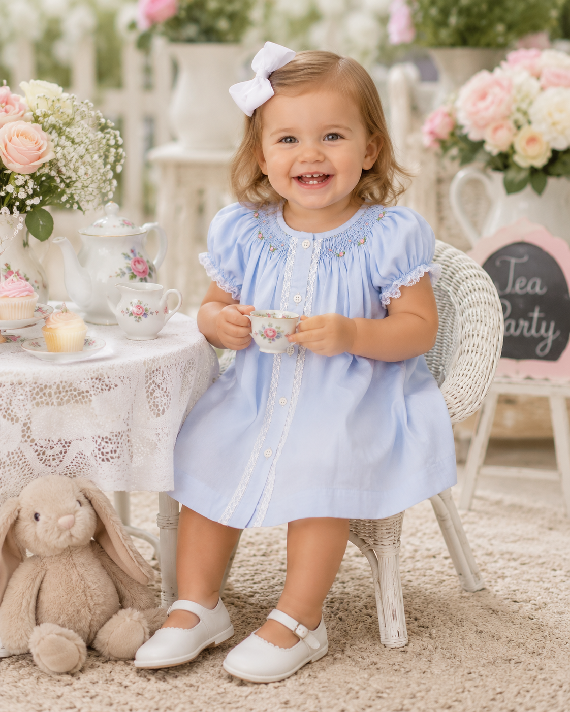 Young girl in a light blue dress with white shoes, holding a teacup in a decorated room with flowers and a tea party sign.