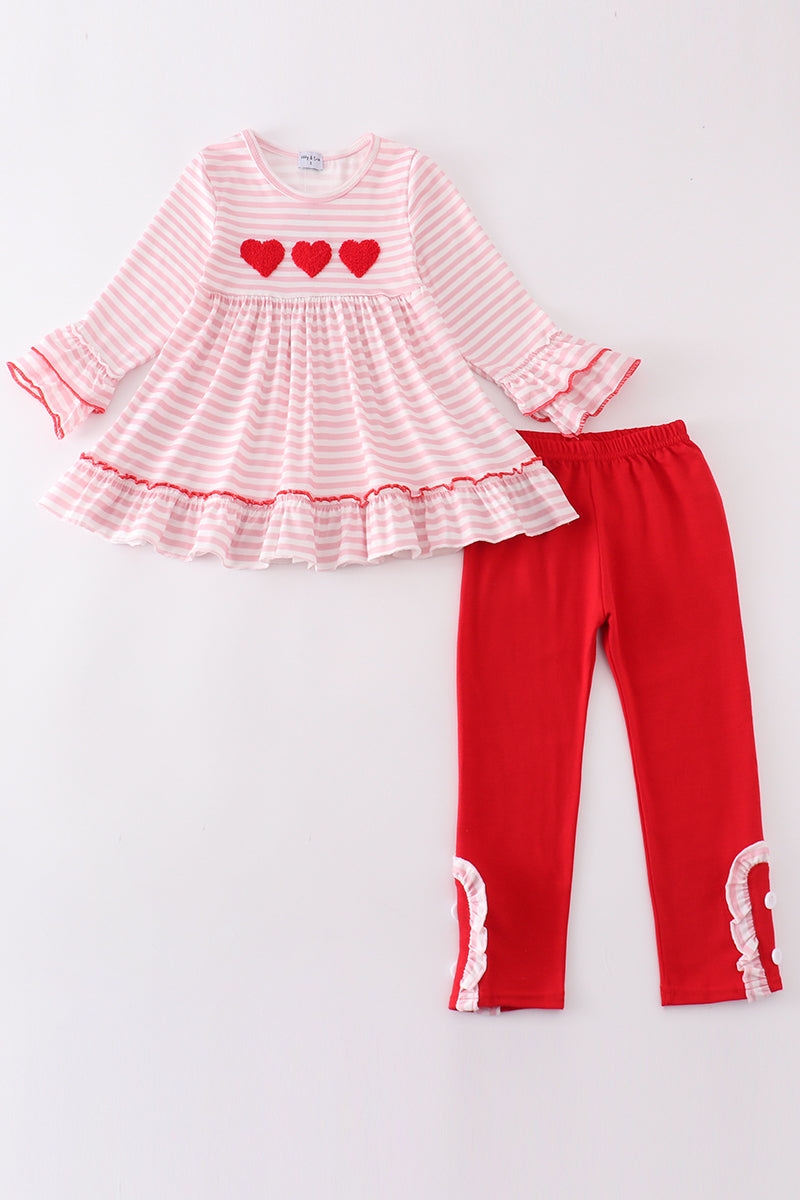 Pink stripe valentine heart french knot girl set