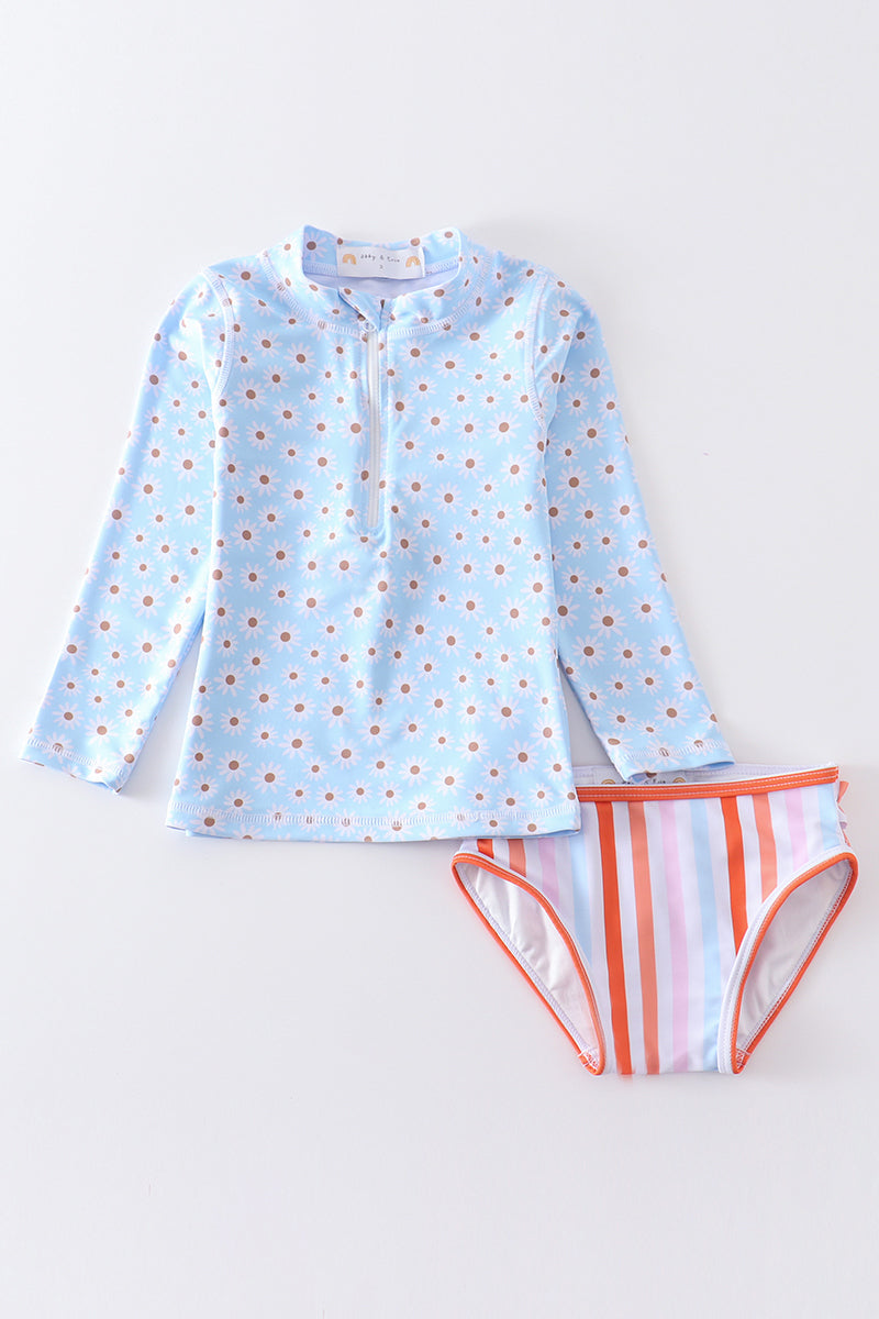 Blue floral print 2pc long sleeve rashguard swimsuit UPF50+