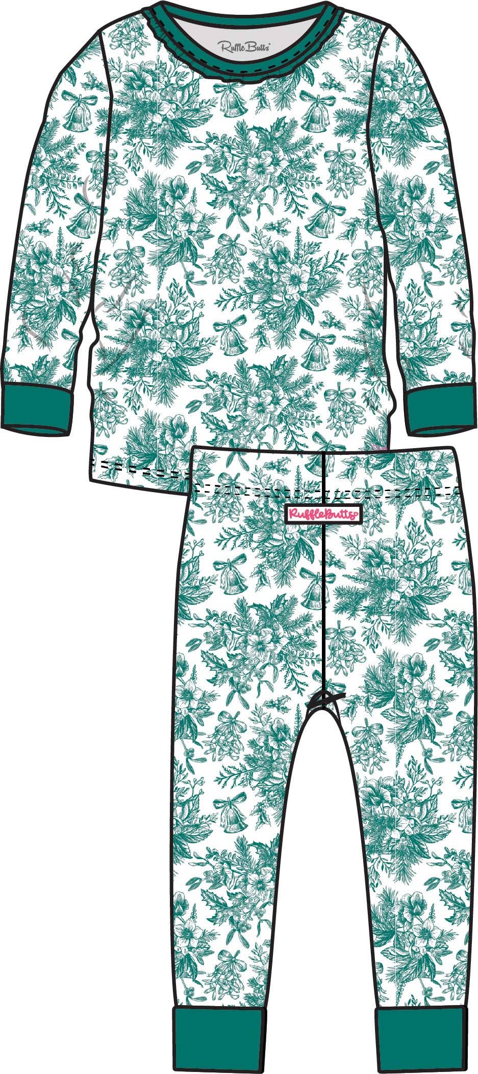 Girls Green Jingle Toile the Way Bamboo Viscose Ruffle Long Sleeve Pajama Set