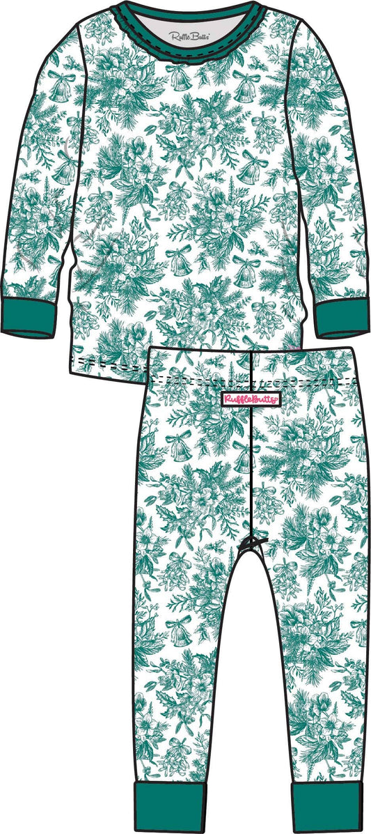 Girls Green Jingle Toile the Way Bamboo Viscose Ruffle Long Sleeve Pajama Set