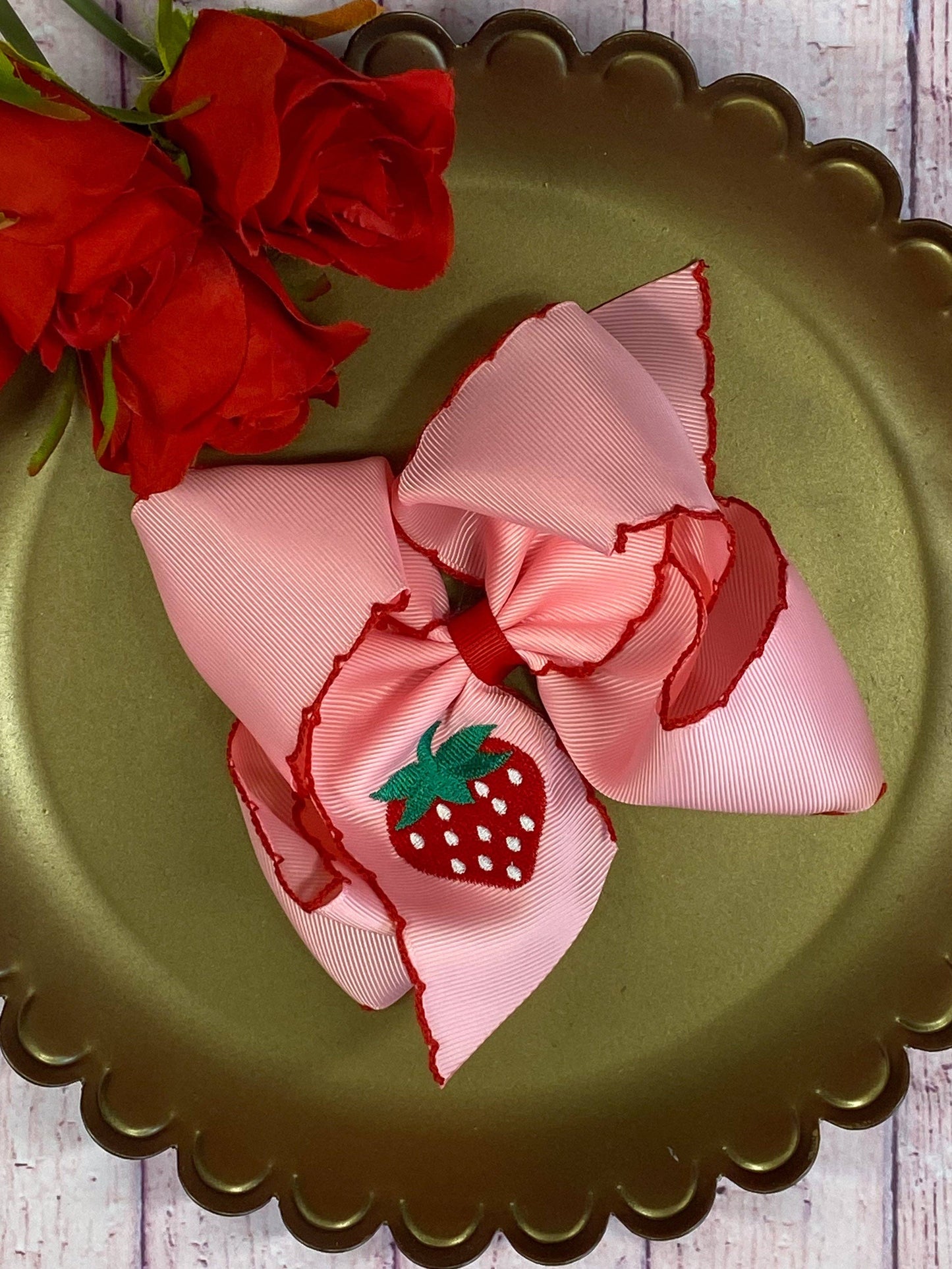 Strawberry Embroidered Moonstitch Hair Bow