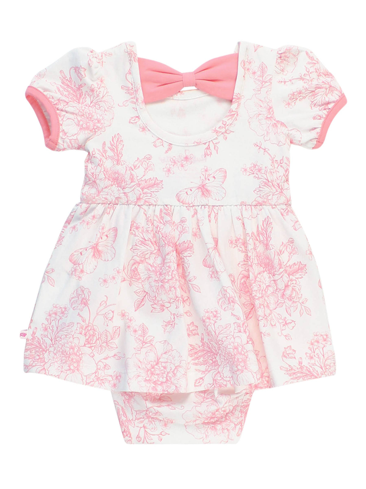 Baby Girls Bubblegum Pink Butterfly Garden Toile Short Sleeve Bow Twirl Romper