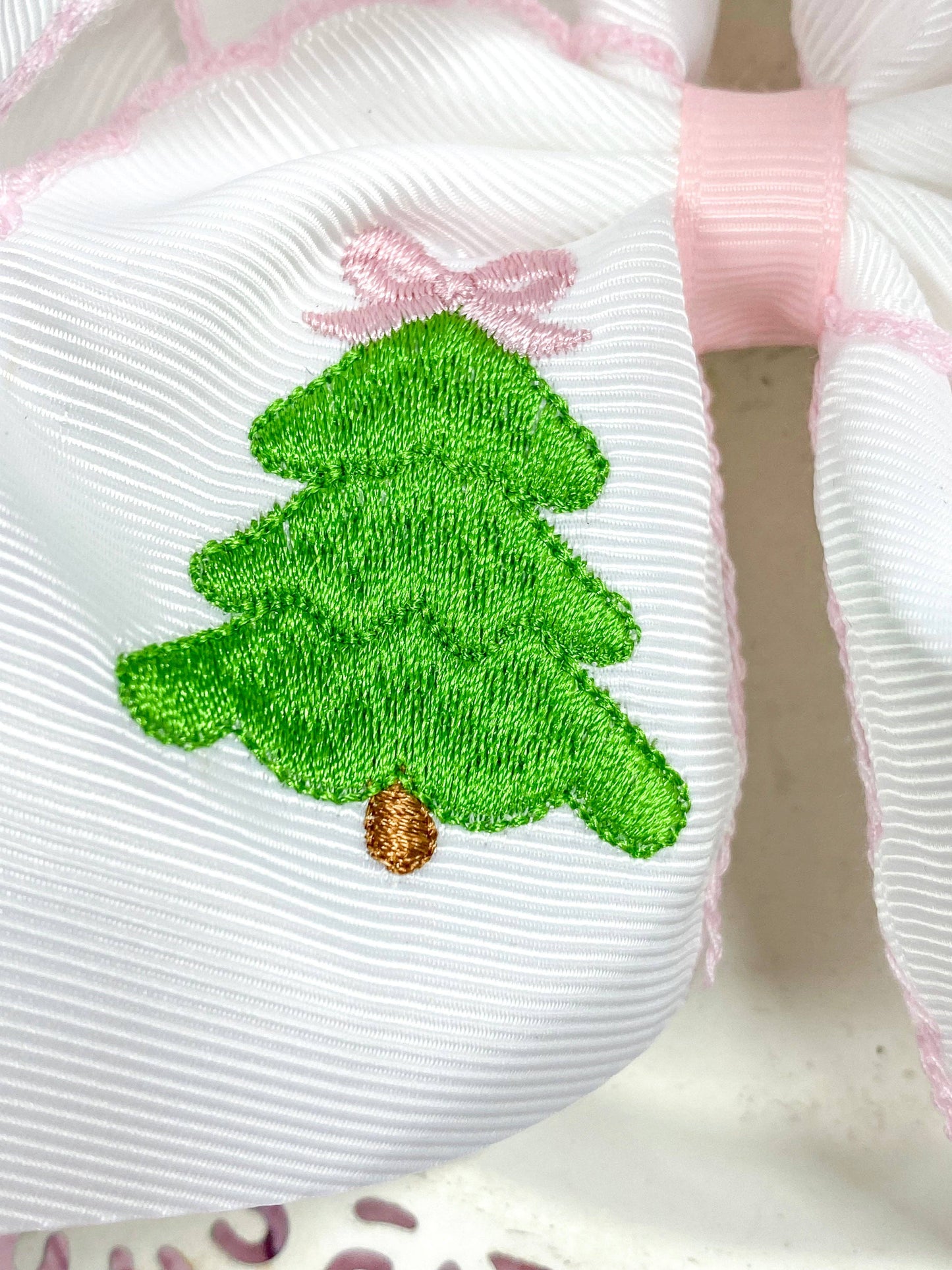 Pink Christmas Tree Embroidered Hair Bow