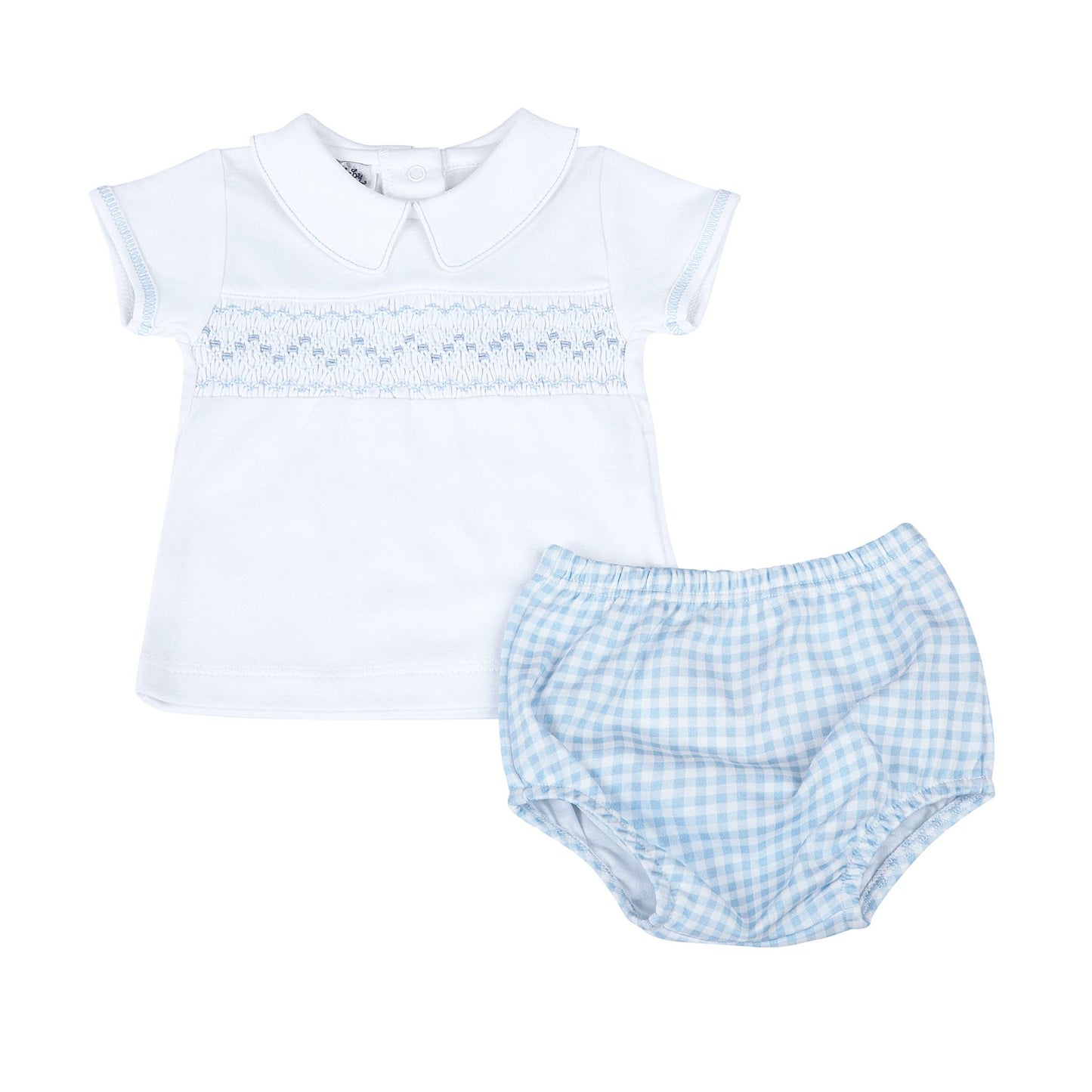 Mini Checks Smocked Collared S/S Diaper Cover Set - Blue