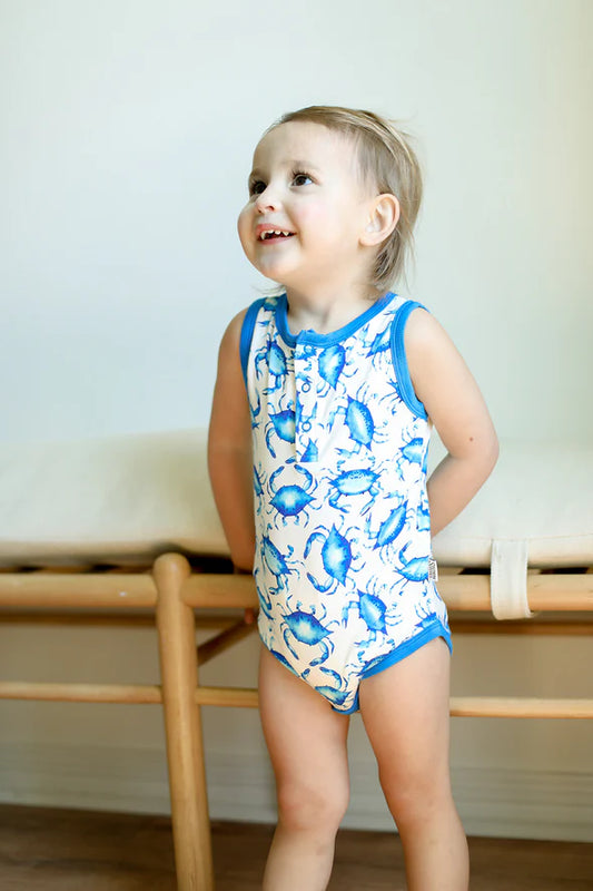 Blue Crab Bamboo Henley Onesie with Snaps