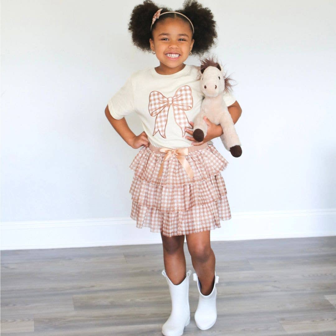 Gingham Bow Patch Short Sleeve T-Shirt - Girls Clothes