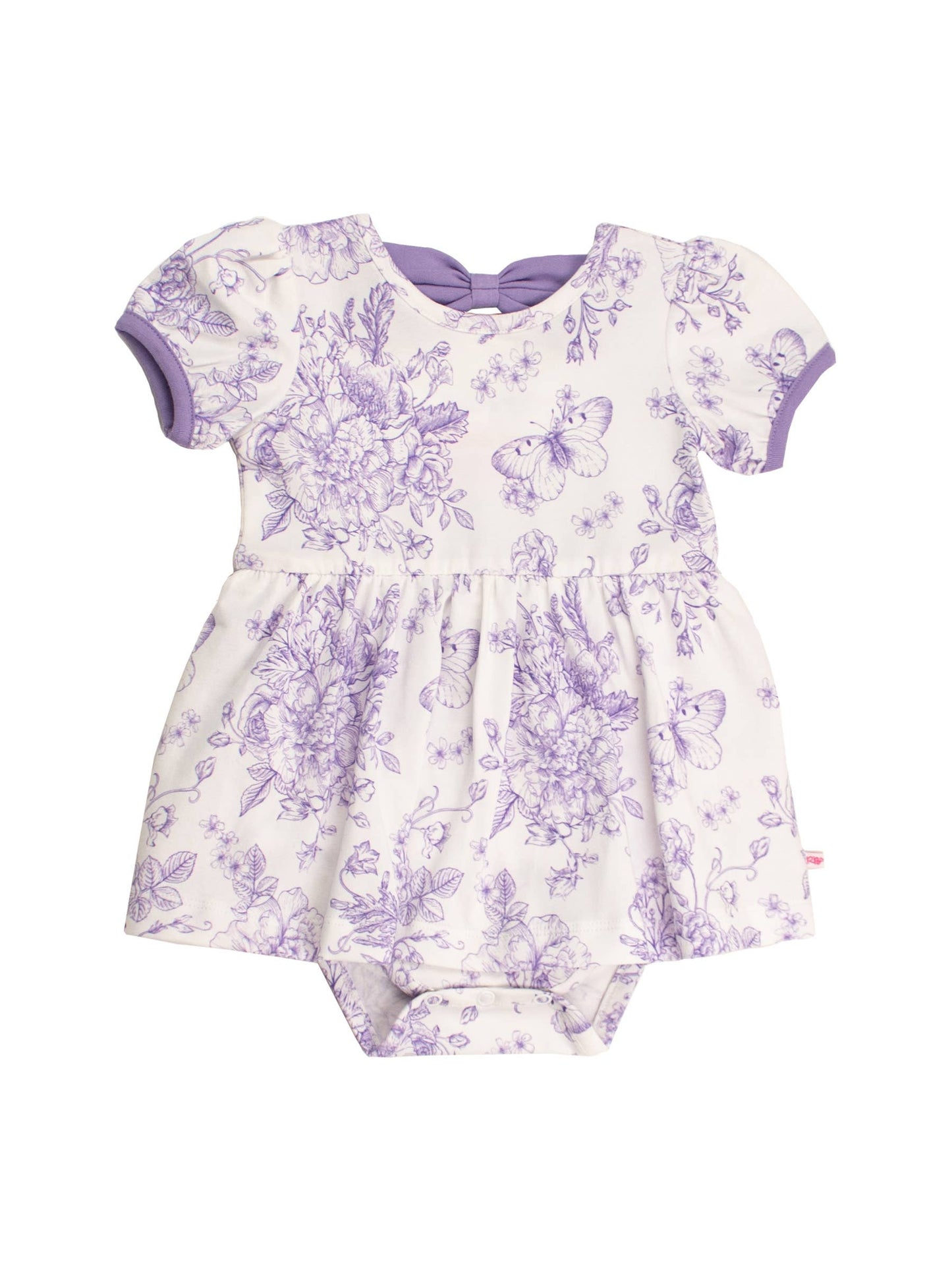 Baby Girls Wisteria Purple Butterfly Garden Toile Short Sleeve Bow Twirl Romper