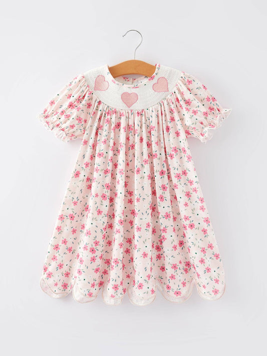 Valentine's Day Heart Smocking Embroidery Short Sleeve Girls Dress