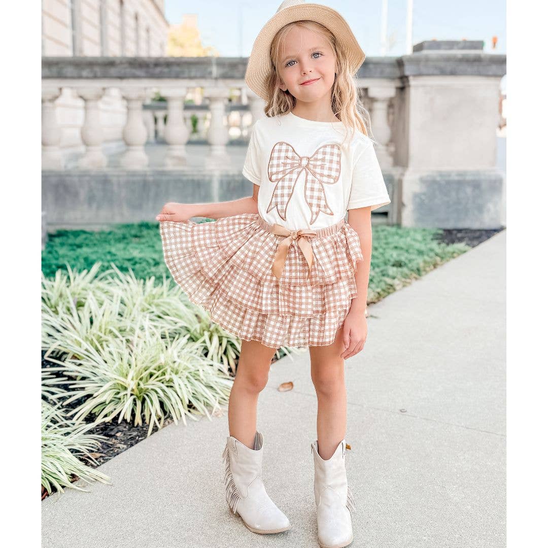 Gingham Bow Patch Short Sleeve T-Shirt - Girls Clothes