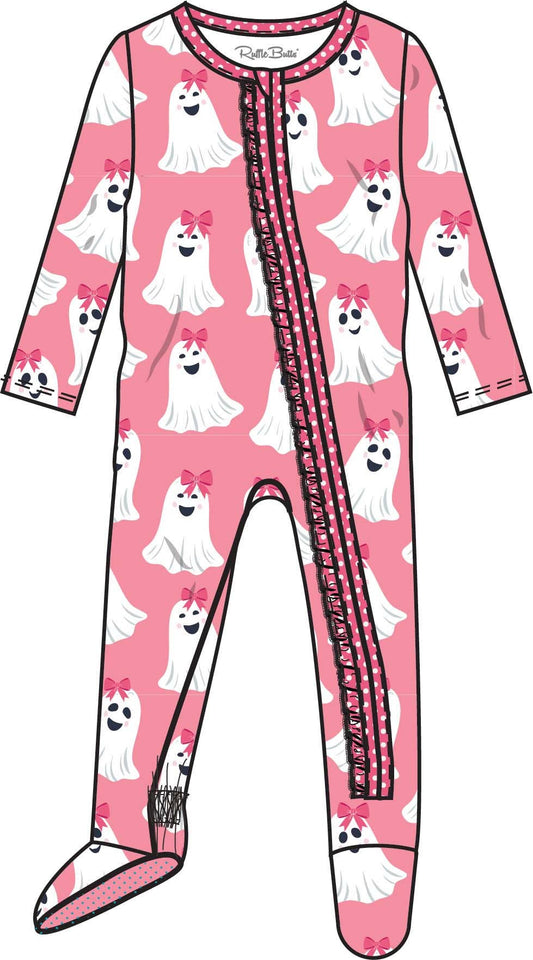 Baby Girls Pink Ghostie Girls Bamboo Viscose Footed Ruffle One Piece Pajama