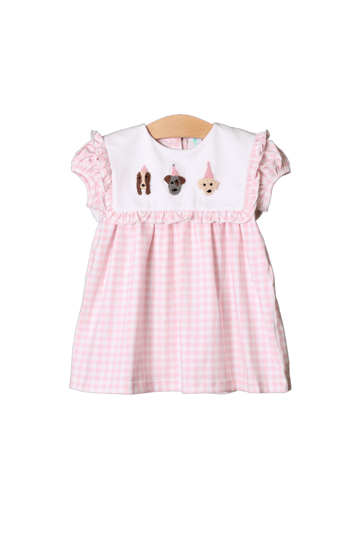 Birthday/Party French Knot Pups Pink Gingham Dress