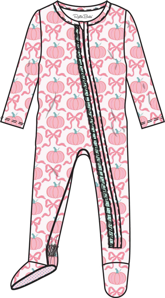 Baby Girls Pink Fairytale Pumpkins Bamboo Viscose Footed Ruffle One Piece Pajama