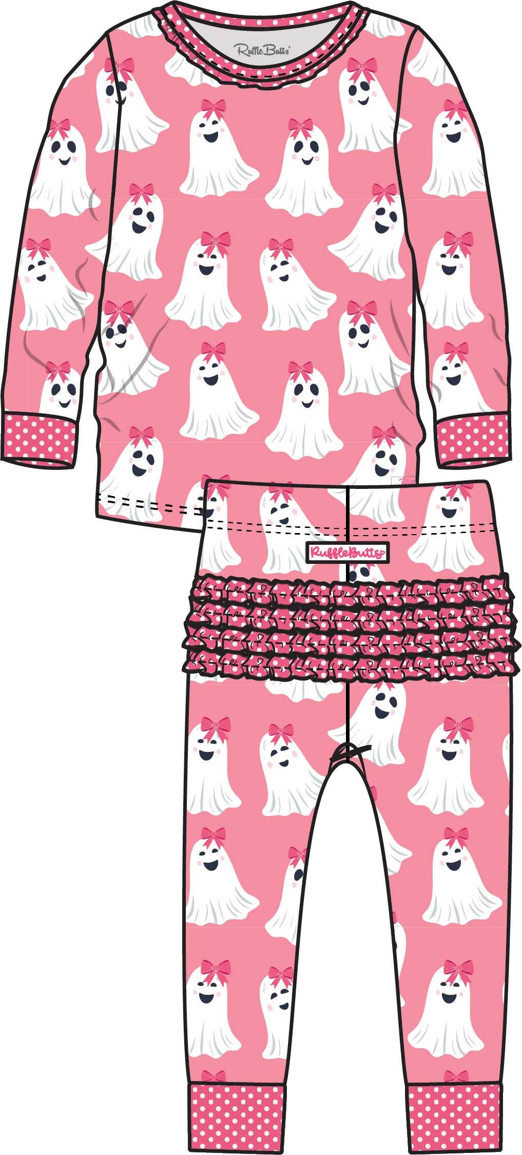 Toddler Girls Pink Ghostie Girls Bamboo Viscose Ruffle Long Sleeve Pajama Set