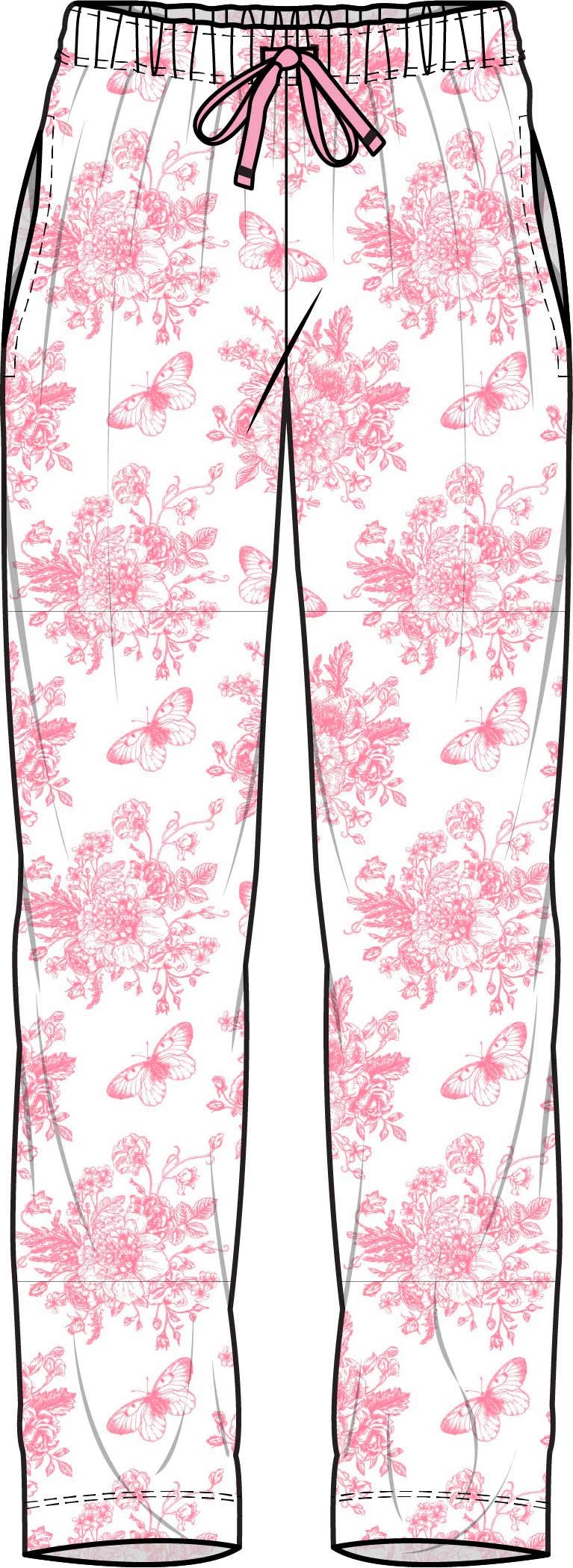 Adult Bubblegum Pink Butterfly Garden Toile Bamboo Viscose Pajama Pants