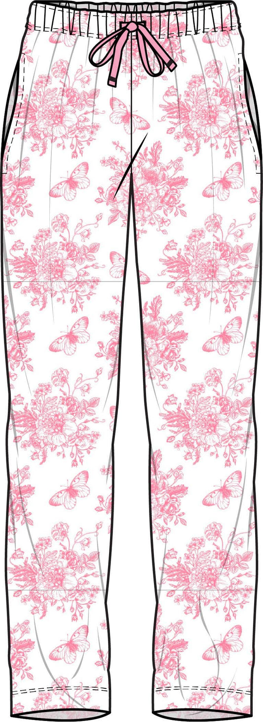 Adult Bubblegum Pink Butterfly Garden Toile Bamboo Viscose Pajama Pants