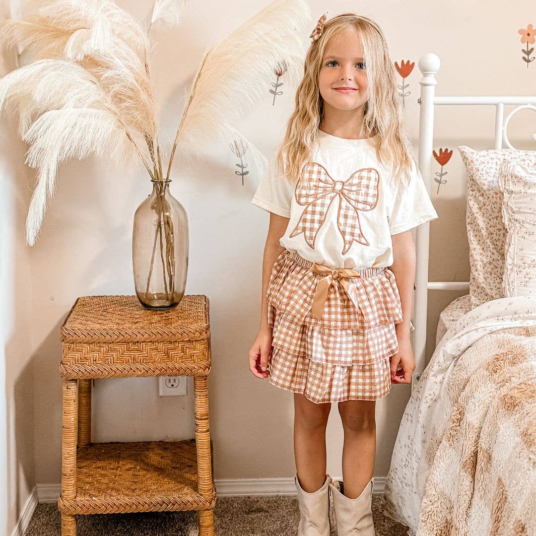 Gingham Bow Patch Short Sleeve T-Shirt - Girls Clothes
