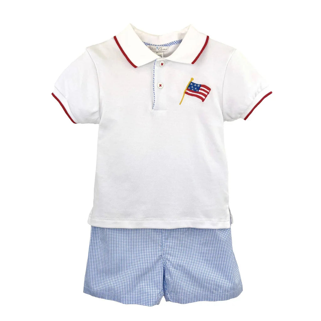 American Flag Embroidered Shirt and Shorts Set